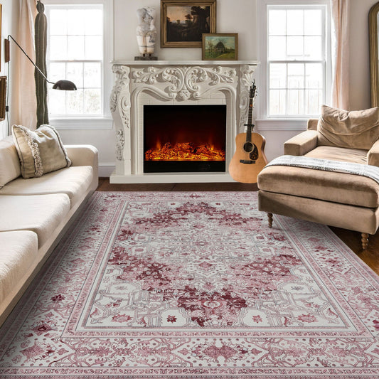Royal Antique Persian Vintage Design Pink Rug Machine Washable