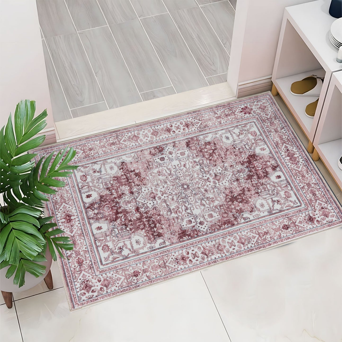 Royal Antique Persian Vintage Design Pink Rug Machine Washable