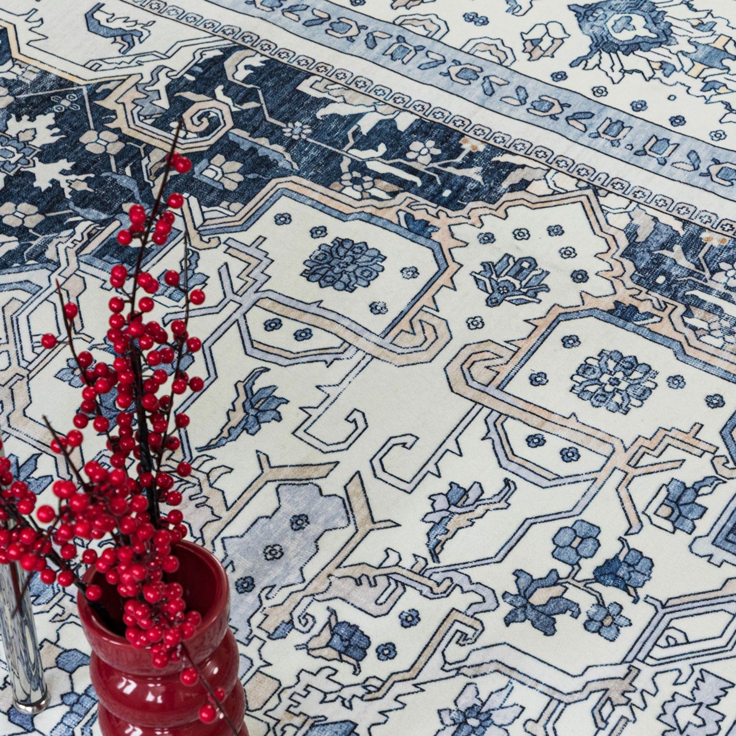 Royal Antique Persian Vintage Design Blue Rug Machine Washable